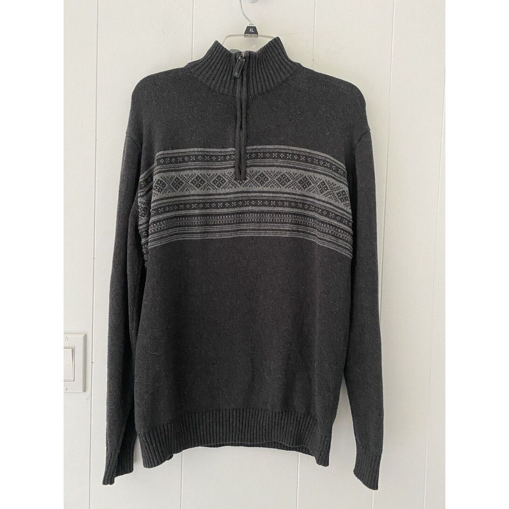 Oscar De La Renta Sweater Men's Large 1/4 Zip Gray Cotton Nordic Fair‎ Isle N108